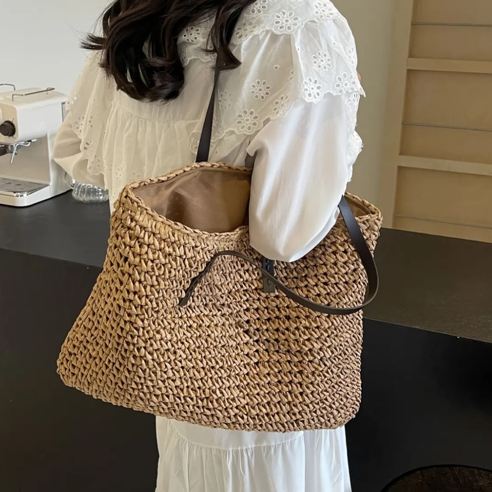 Woven Straw Tote Bag Large Shoulder Beach Purse Tan Brown Zipper Closure - Picture 2 of 6
